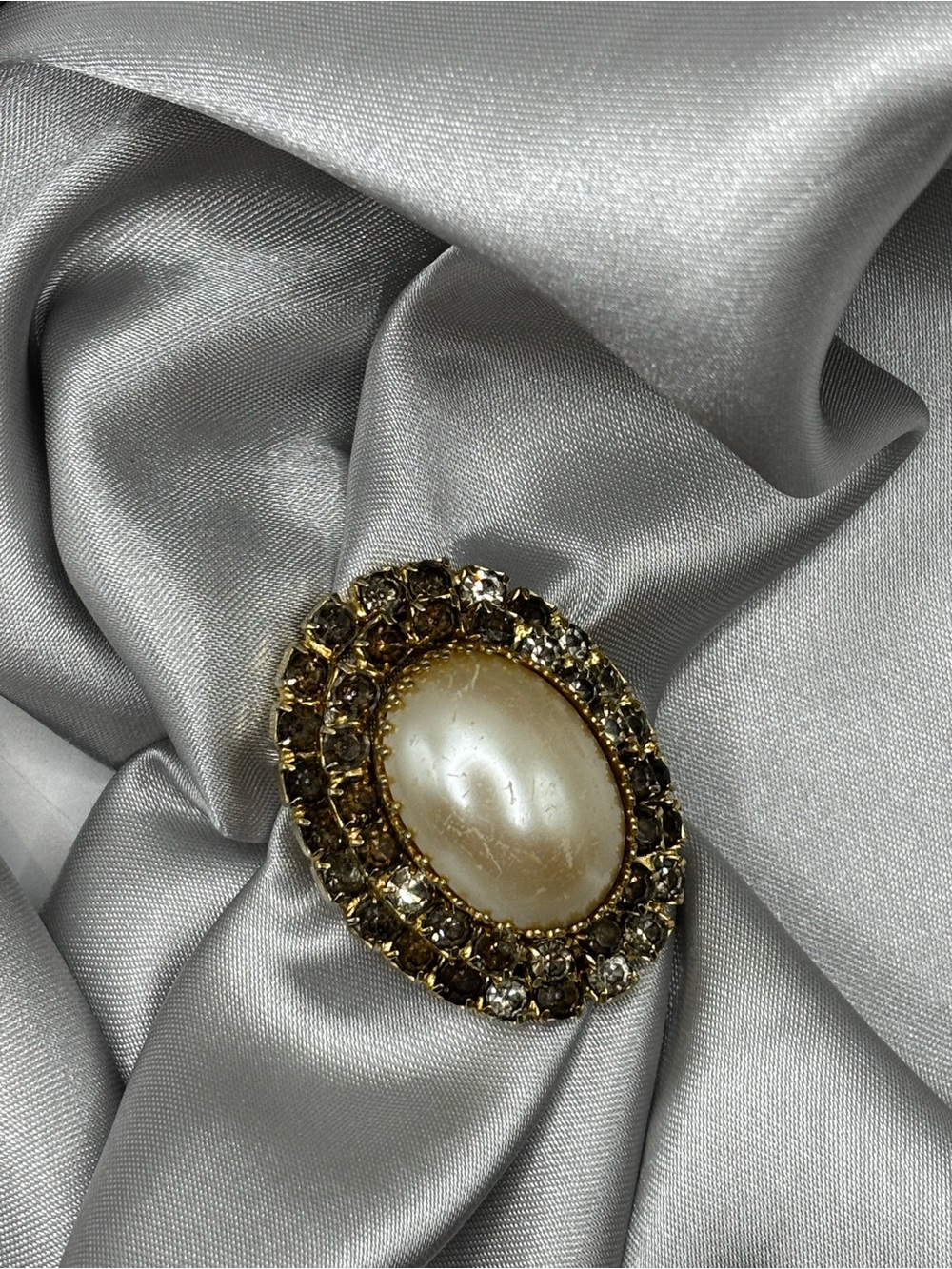 Vintage Regal Faux Pearl & Smoky Rhinestone Tiered Brooch